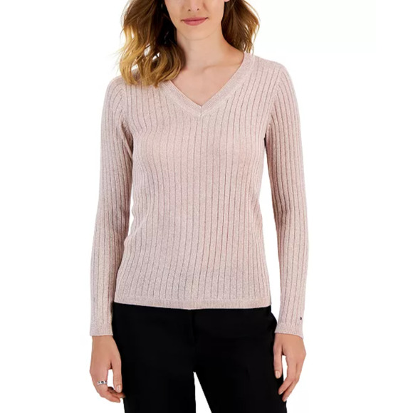 Tommy Hilfiger Sweater Womens Medium Gold Metallic V Neck Ribbed Pullover Logo - Picture 1 of 8